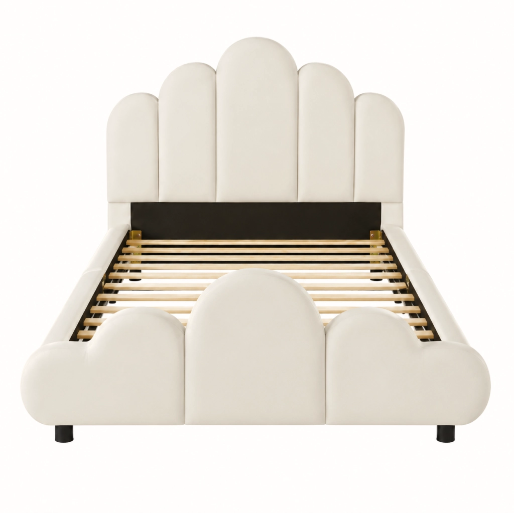 Letto singolo imbottito per bambini 90x200 cm in velluto beige con testiera arrotondata