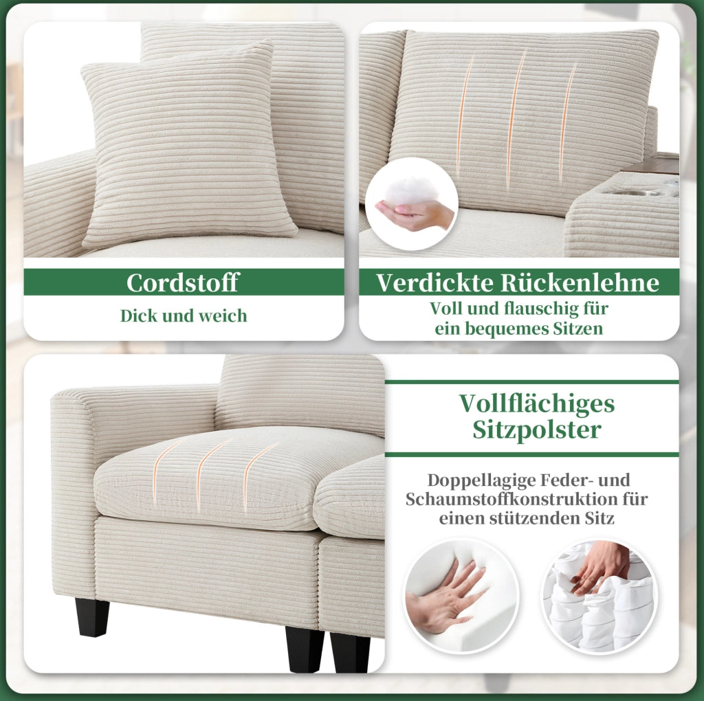 Divano angolare modulare beige in velluto a coste con USB