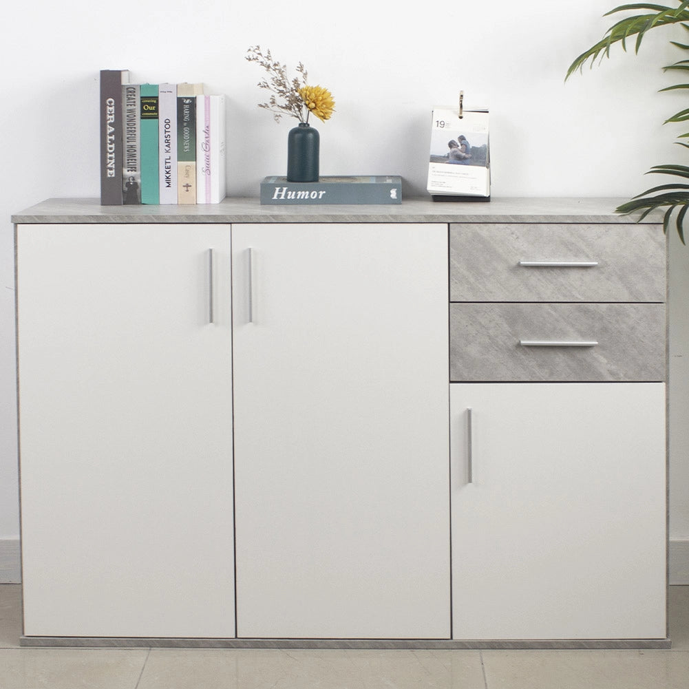 Cassettiera Mobile Armadietto 3 Porte 2 Cassetti Design Moderno Cemento e Bianco