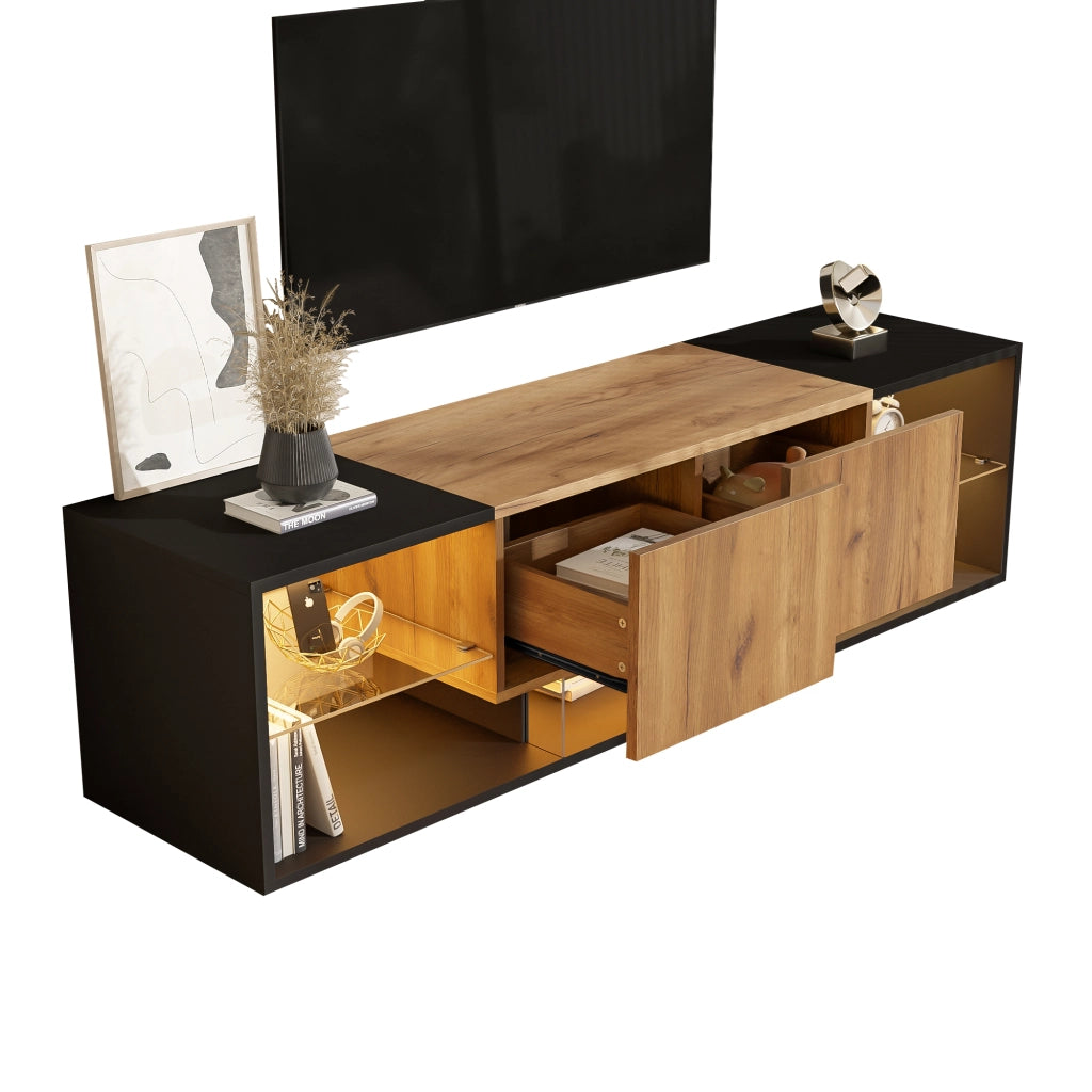 Mobile TV 3 livelli per TV fino a 70" - Zephmum- con vetro e 2 cassetti, nero