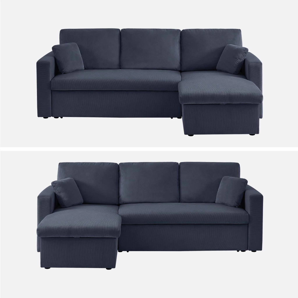 Divano letto angolare reversibile in velluto a coste, 3 posti, blu