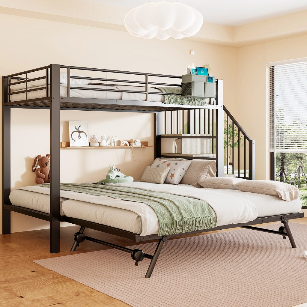 Letto a castello 90 × 200 cm con letto estraibile 180 × 200 cm, scale contenitore e tasca laterale, senza materasso, nero