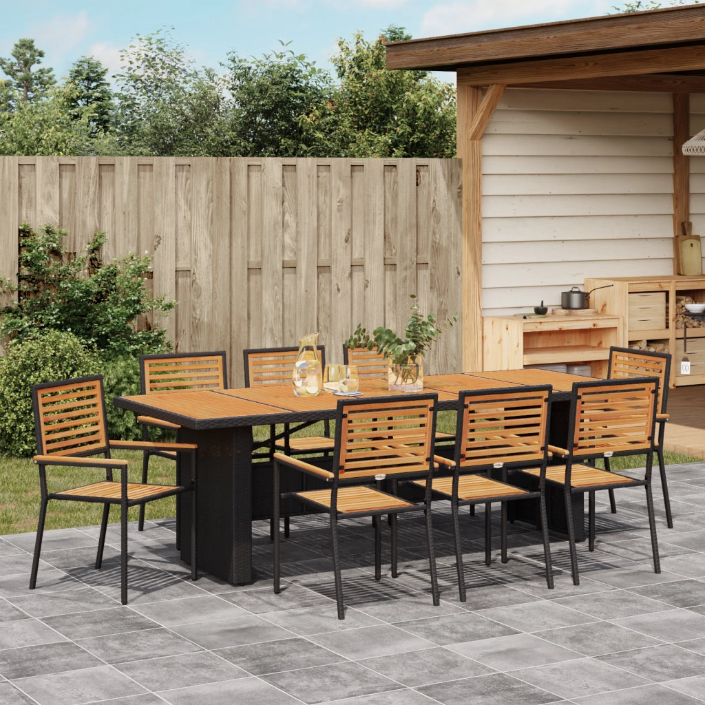 Set da Pranzo da Giardino 9 Pezzi Nero Polyrattan Acacia