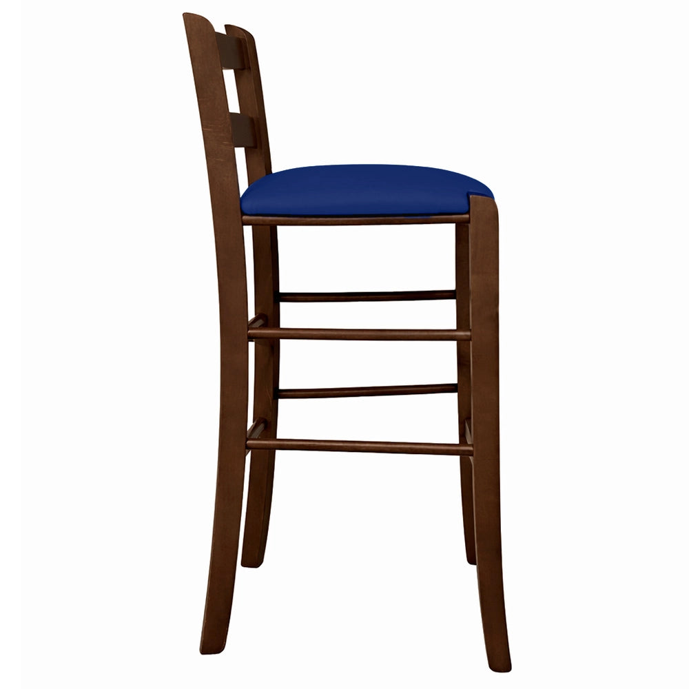 Sgabello in legno noce scuro h 67 cm con seduta imbottita in similpelle blu