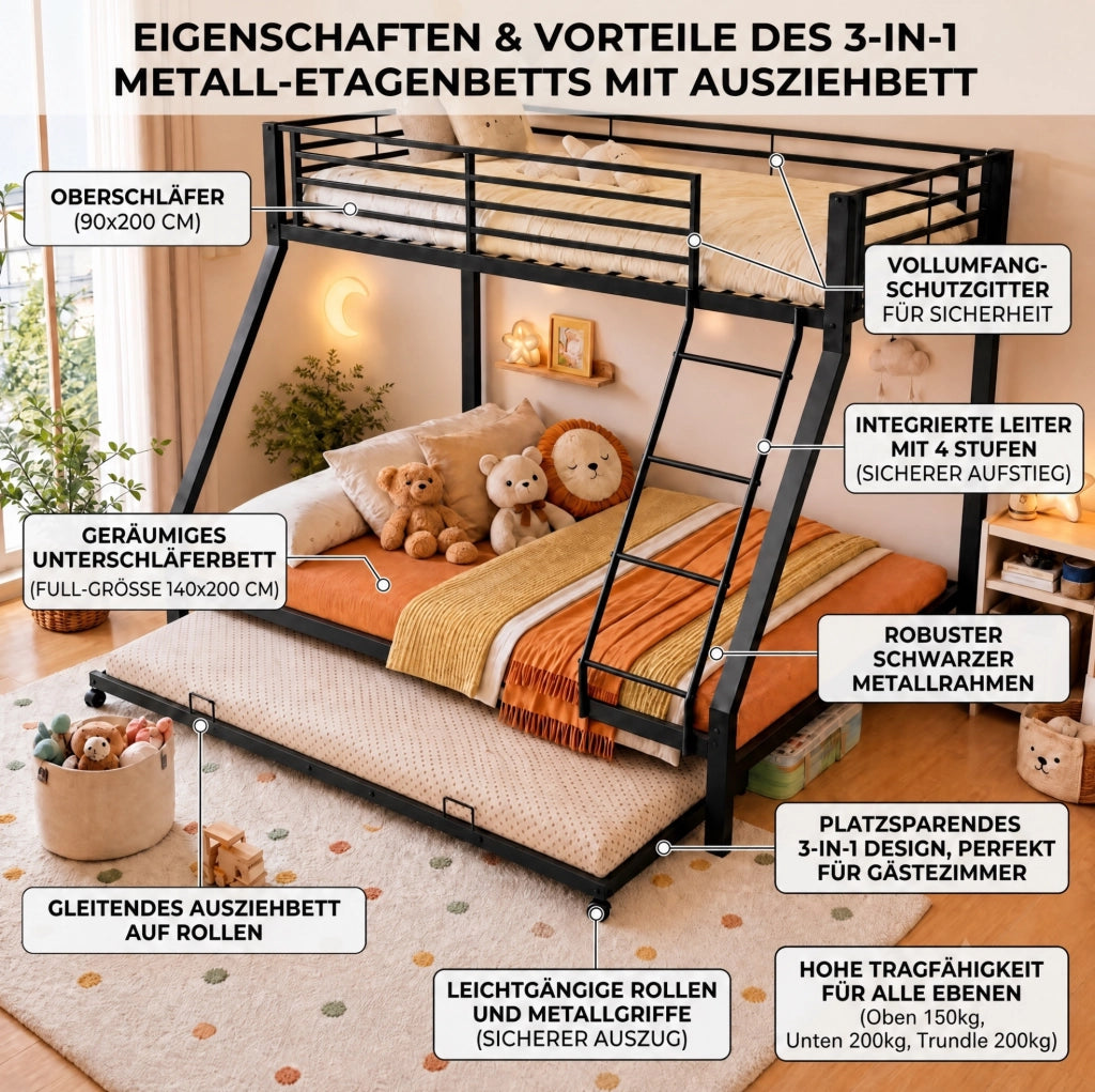 Letto a castello in metallo nero 3 in 1 con letto estraibile