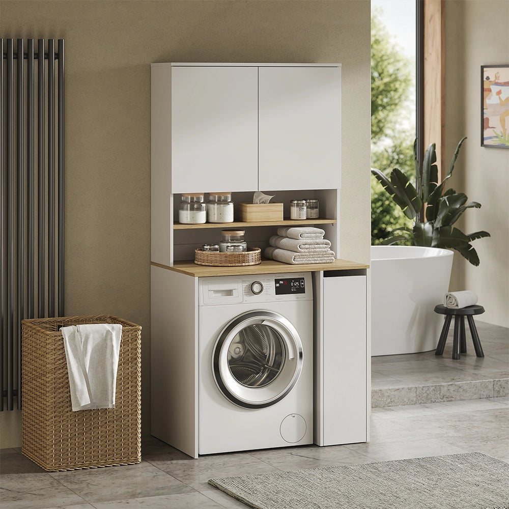 Armadio per lavatrice Viktor Bianco/Rovere artigianale 93.6 x 88.2 cm 2 parti con ripiano Vicco