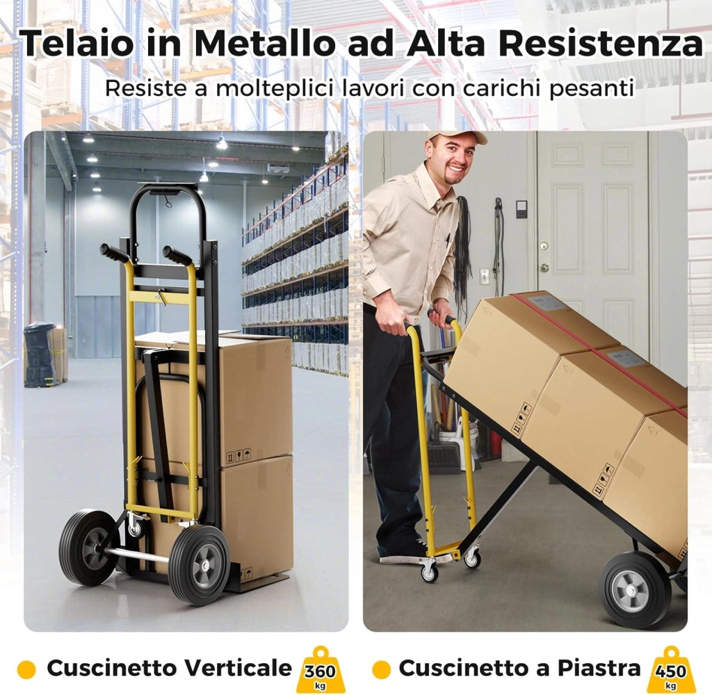 3 in 1 Carrello a Mano, Carrello Portapacchi con 4 Ruote in Gomma, Carrello Pieghevole per Trasporto e Spostamento in Magazzino, Casa, Portata Massima 450 kg