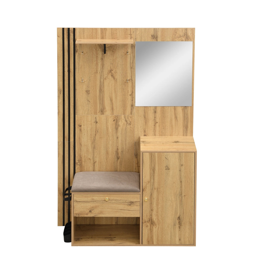 Set mobili ingresso con scarpiera, specchio, seduta imbottita e portaombrelli laterale, MDF naturale