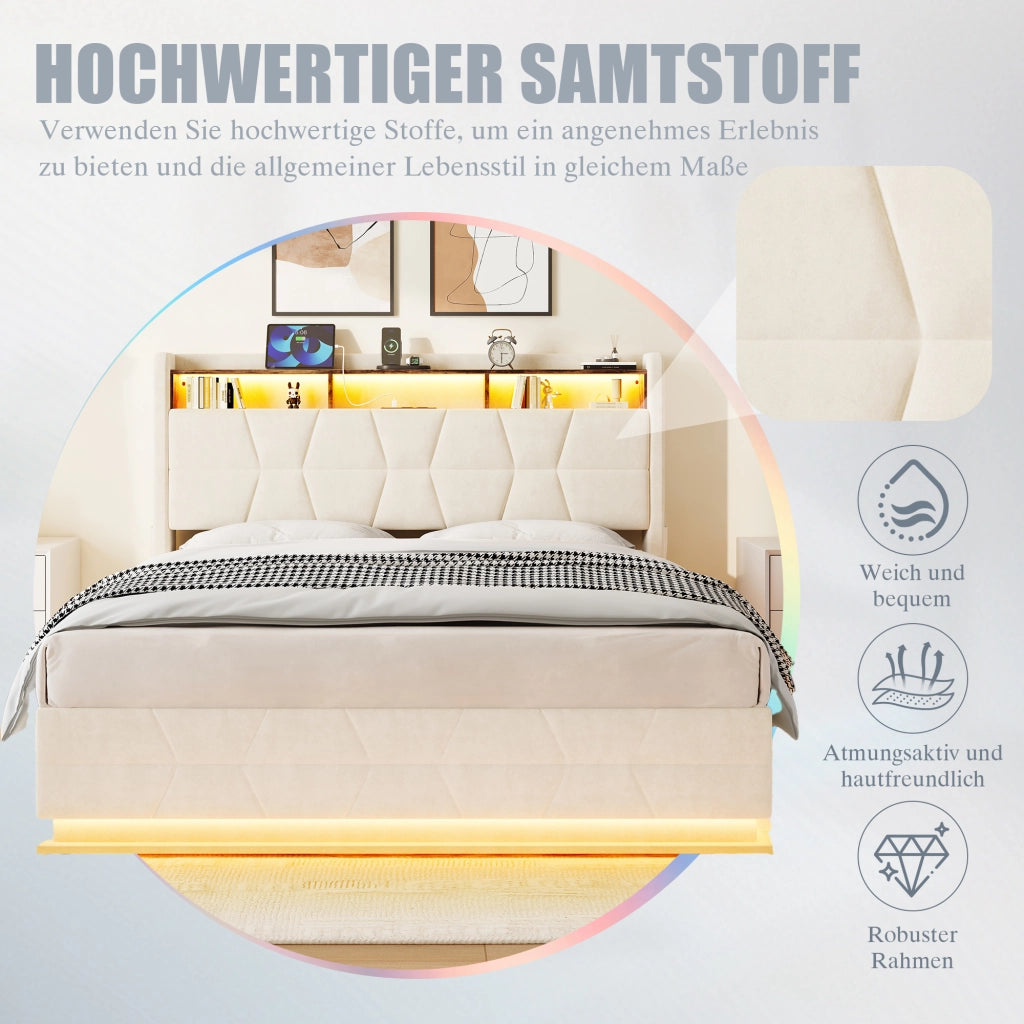 Letto matrimoniale 140 × 190 cm con testiera contenitore, LED, USB e Type-C, senza materasso, in velluto beige