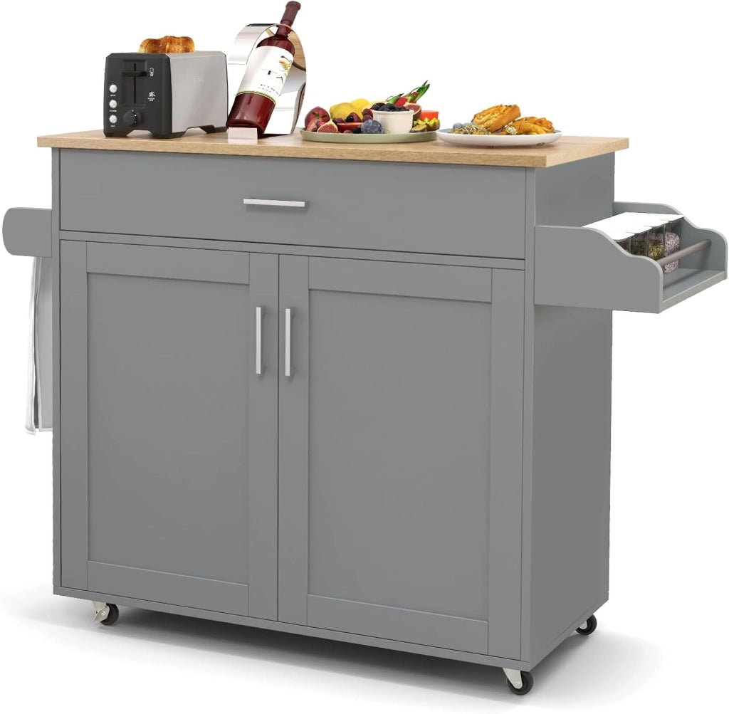 Carrello da Cucina con Ruote di Gomma, Isola Cucina con Cassetto e Ripiano Regolabile, Mobile Credenza Salvaspazio Porta Microonde, Portaspezie, Portasciugamani, 116 x 40 x 85 cm (Grigio)