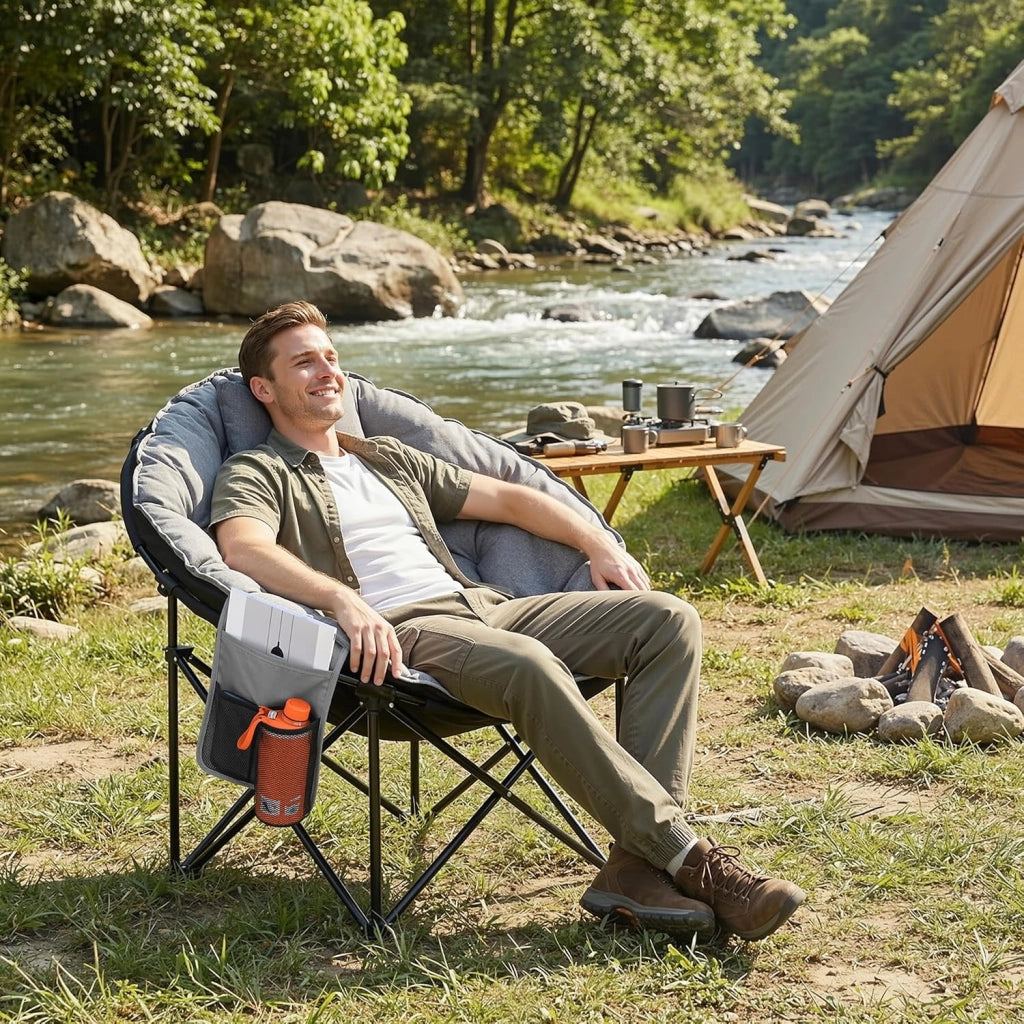 Sedia Pieghevole da Campeggio 150KG, Sedia da Campo Portatile, Moonchair imbottita XXL, con Poggiatesta, Tasca Laterale, borsa per il trasporto, per Giardino, Spiaggia, Trekking, Pesca, Grigio