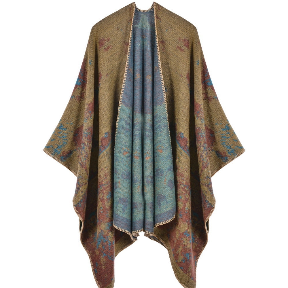 Nuovo scialle/mantella in jacquard di cashmere alla moda con spacchi, spesso e ampio, da donna.