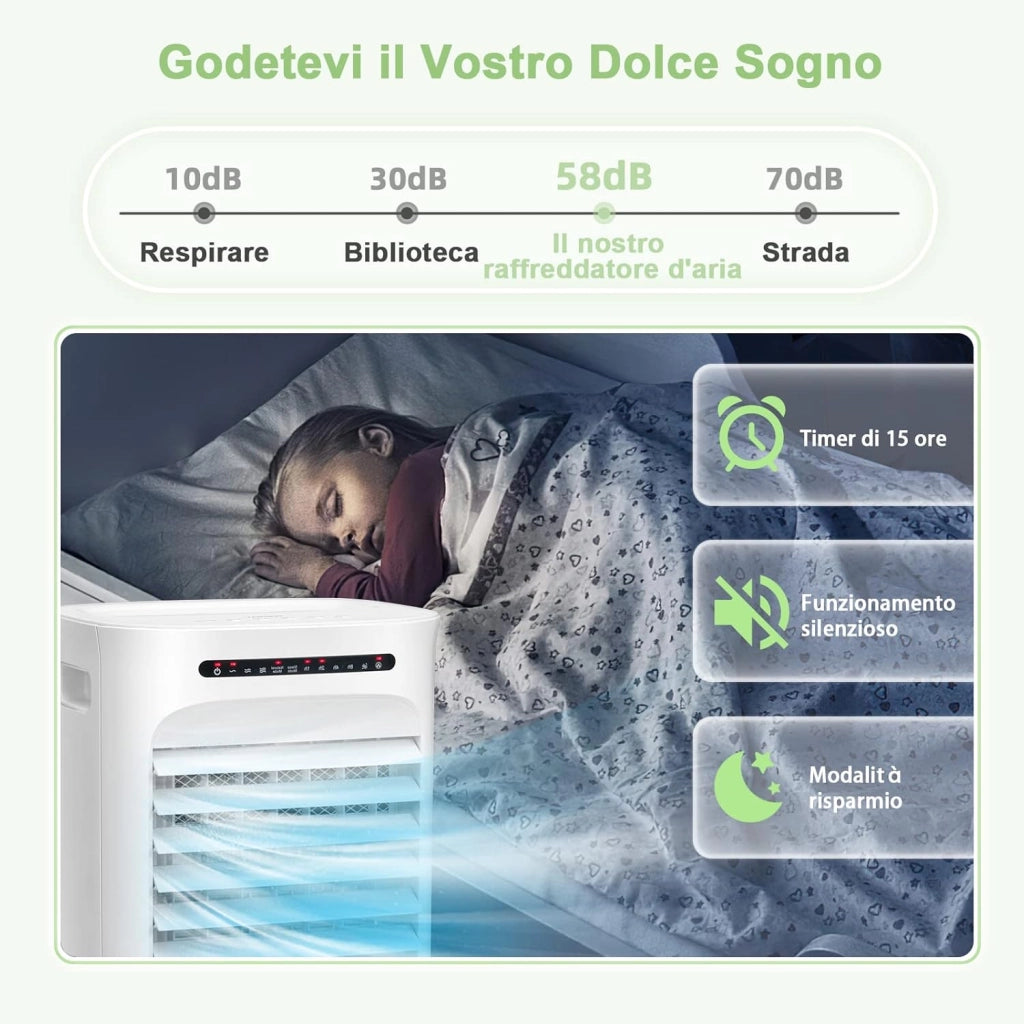 Condizionatore Portatile 4 in 1, Con Raffreddamento, Ventola, Umidificazione, Purificazione, Serbatoio dell’acqua di 10 L, 15H Timer, Con Telecomando e Ruote