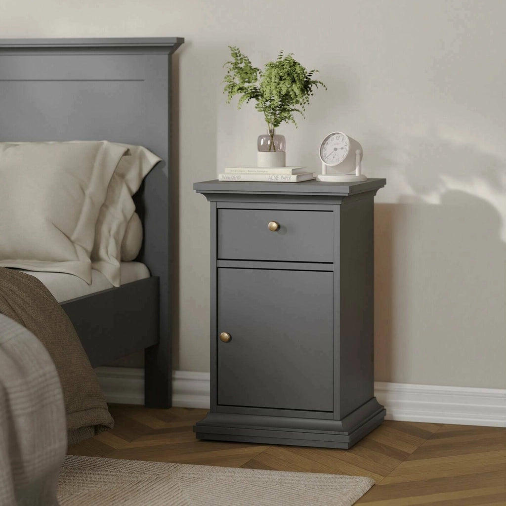 Comodino Mauricette, Comò basso, Tavolino da notte, Mensola da letto, 44x40 h70 cm, Grigio