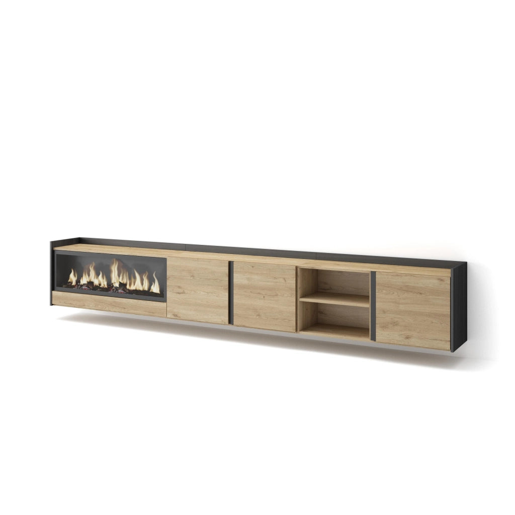 Mobile TV Soggiorno, 315x50x35 cm, Per TV fino a 80", Camino elettrico XXL, Sospeso, da appendere, Rovere e nero