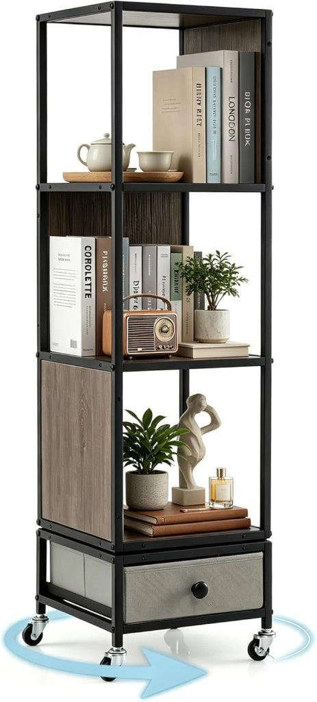 Libreria Girevole, Scaffale Portaoggetti con 4 Ripiani, Cassetto e Ruote, Libreria Verticale con Struttura Metallica per Camera da Letto, Soggiorno e Studio, 30 x 30 x 111 cm (Grigio)