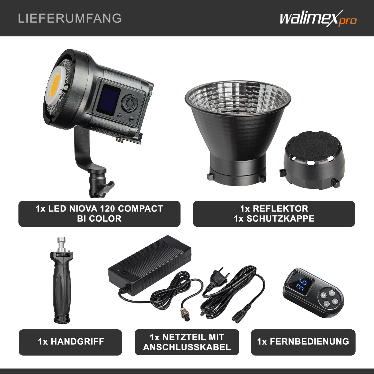 LED Niova Compact 120 W luce video bicolore, luce video con attacco Bowens, luce da studio con tecnologia COB LED, luminosità regolabile dal 10 al 100%.