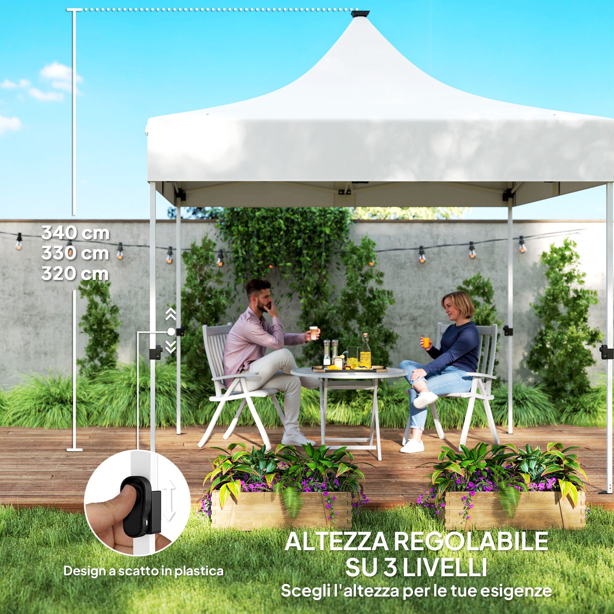 Gazebo da Giardino Pop Up 300x300x340 cm con Luci LED Solari e Altezza Regolabile Bianco