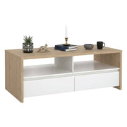 Tavolino da salotto Shote, Tavolo basso da caffè, Portariviste per divano, Ripiano da soggiorno, 120x60 h46 cm, Rovere e Bianco lucido