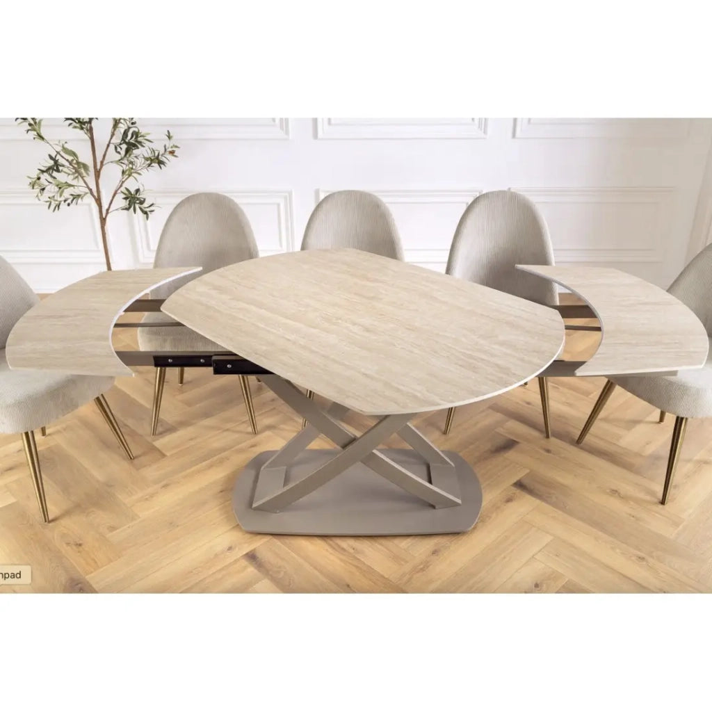 Table ATONIA – Ovale extensible de 130 à 190 cm – Piano in ceramica effetto marmo beige – Gambe in metallo – Stile moderno
