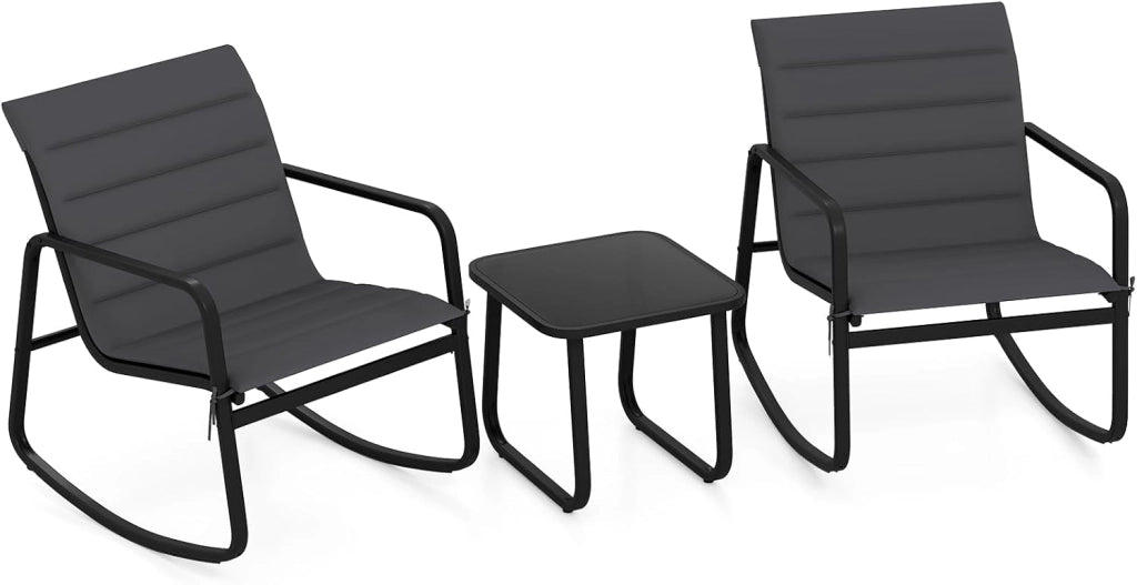 Set da Giardino 3 Pezzi, Gruppo di Sedute con 2 Poltrone a Dondolo e Tavolo in Vetro, Set Bistro per Mobili con Cuscini Morbidi e Struttura in Metallo (modello 2)