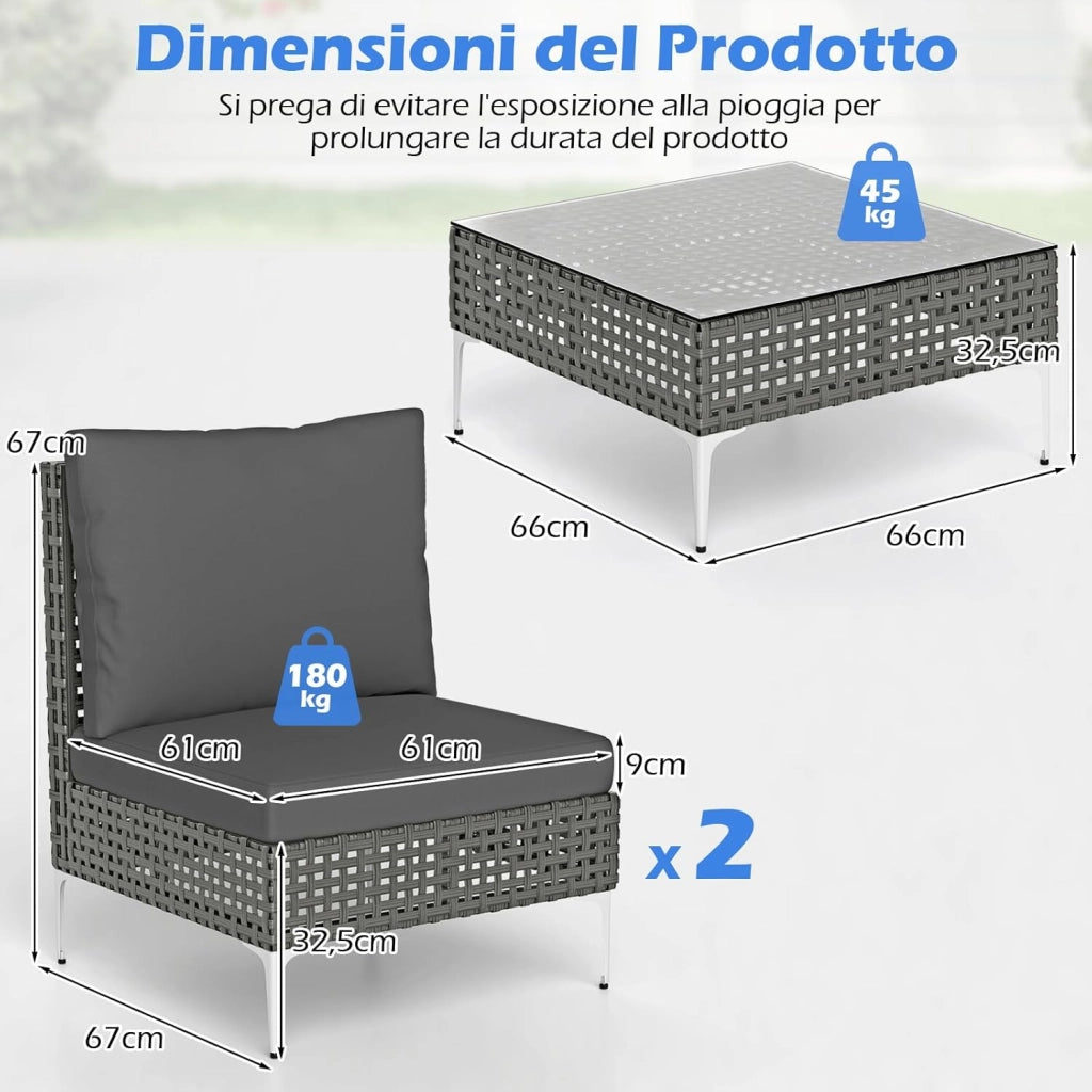 Tavolino e 2 Sedie da Giardino, Set da Conversazione in Rattan con Cuscini e Tavolino in Vetro Temperato, Set da Bistrò per Veranda, Balcone e Cortile (Stile 1)