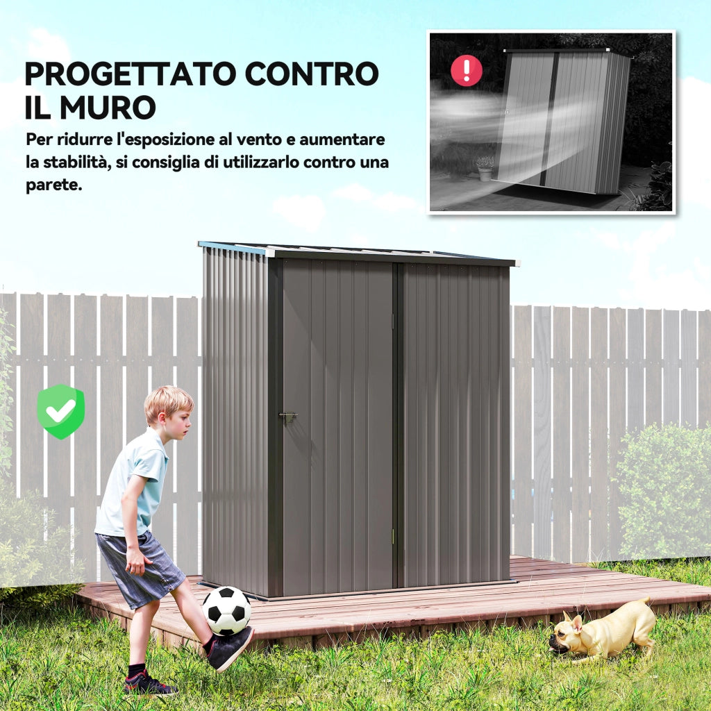 Casetta da Giardino in Acciaio Porta Attrezzi con Catenaccio. 161.5x94.5x196cm. Grigio Chiaro