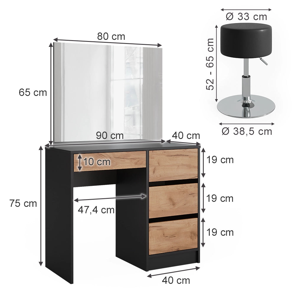 Vicco Tavolo da toilette Antracite/quercia dorata 90 x 75 cm con specchio e sgabello
