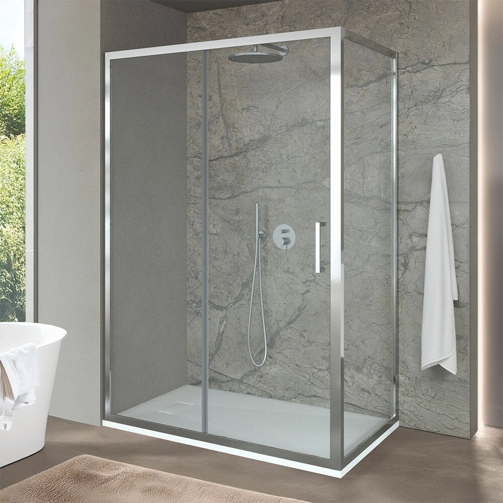 Box doccia angolare 90x140 con porta scorrevole in vetro temperato trasparente e profili cromo Ted