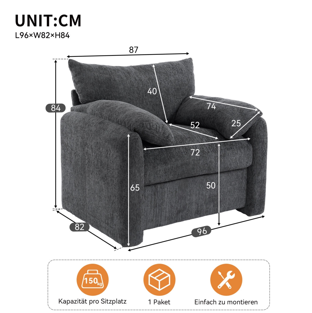 Poltrona 96x82x84 cm grigio in ciniglia, 1 posto, con braccioli,