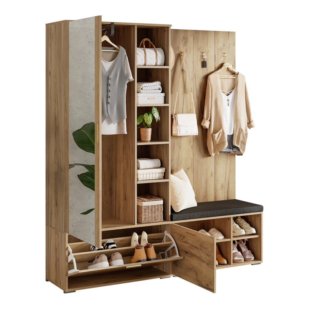 Mobile ingresso con specchio; scarpiera; panca; asta estraibile e 4 ganci - 160x38x180 cm