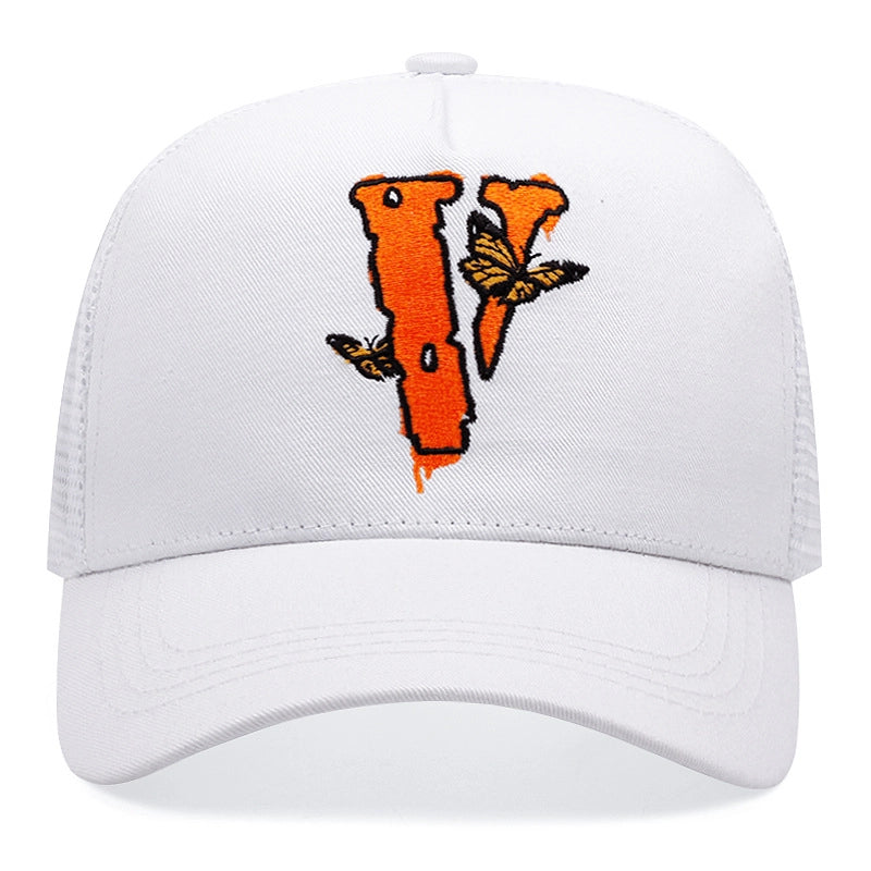 Cappellino da baseball casual regolabile con ricamo a farfalla V, colore bianco