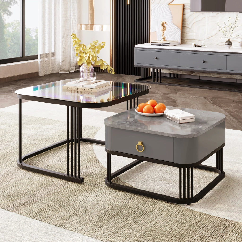 Tavolini da salotto 60x60x44.5 cm e 50x50x34.5 cm; design modulare con cassetti; MDF; nero