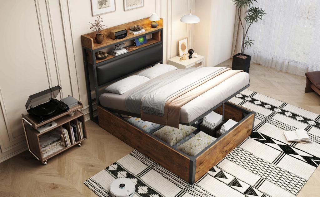 Letto singolo 90x200 - Xylo - Nero, sistema idraulico, porta USB
