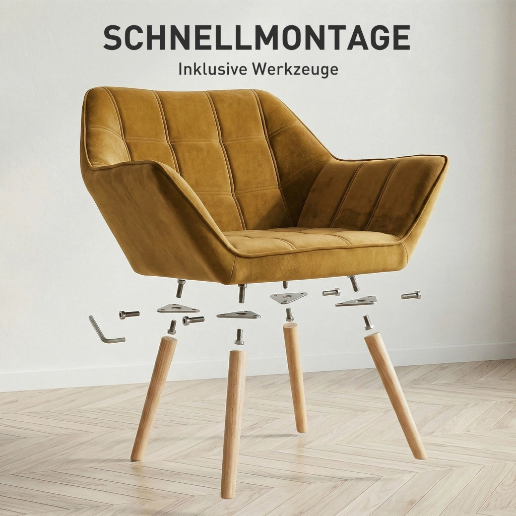 Poltrona in velluto giallo ¨C Xylo ¨C Design scandinavo con gambe in legno, capacit¨¤ 120 kg