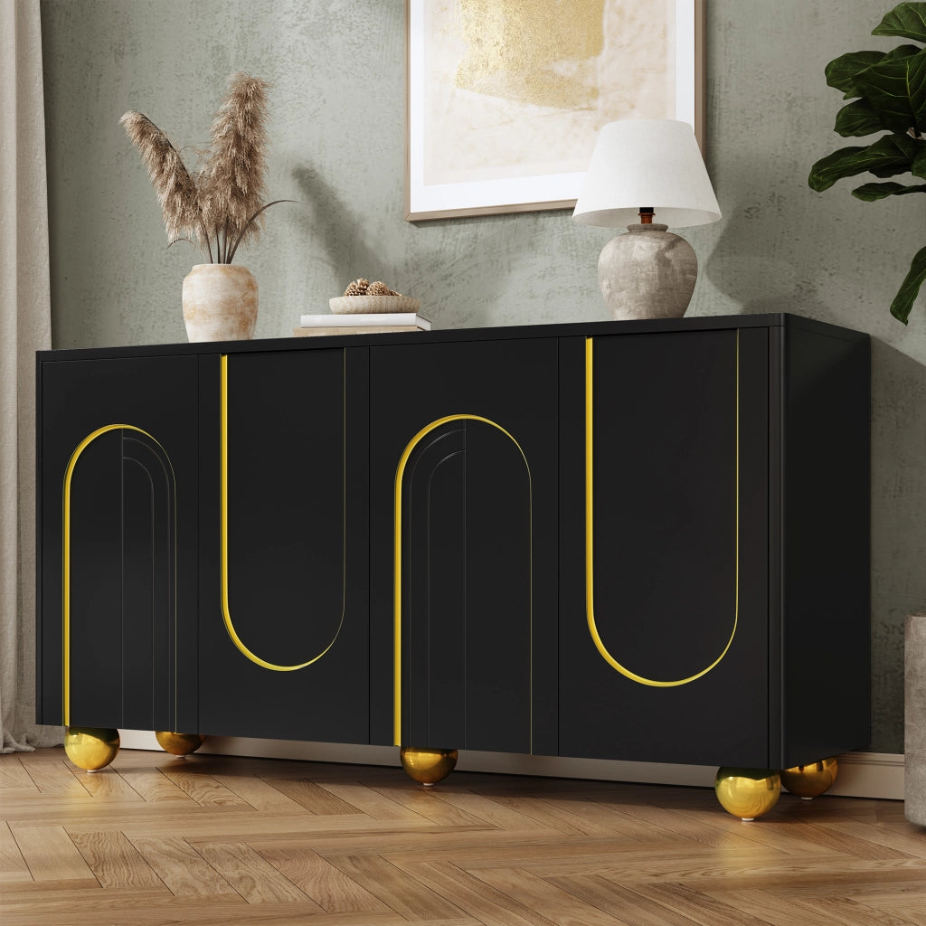 Credenza a 4 ante con incisione a arco dorata e piedi metallici sferici per ingresso e soggiorno 140 × 40 × 74 cm