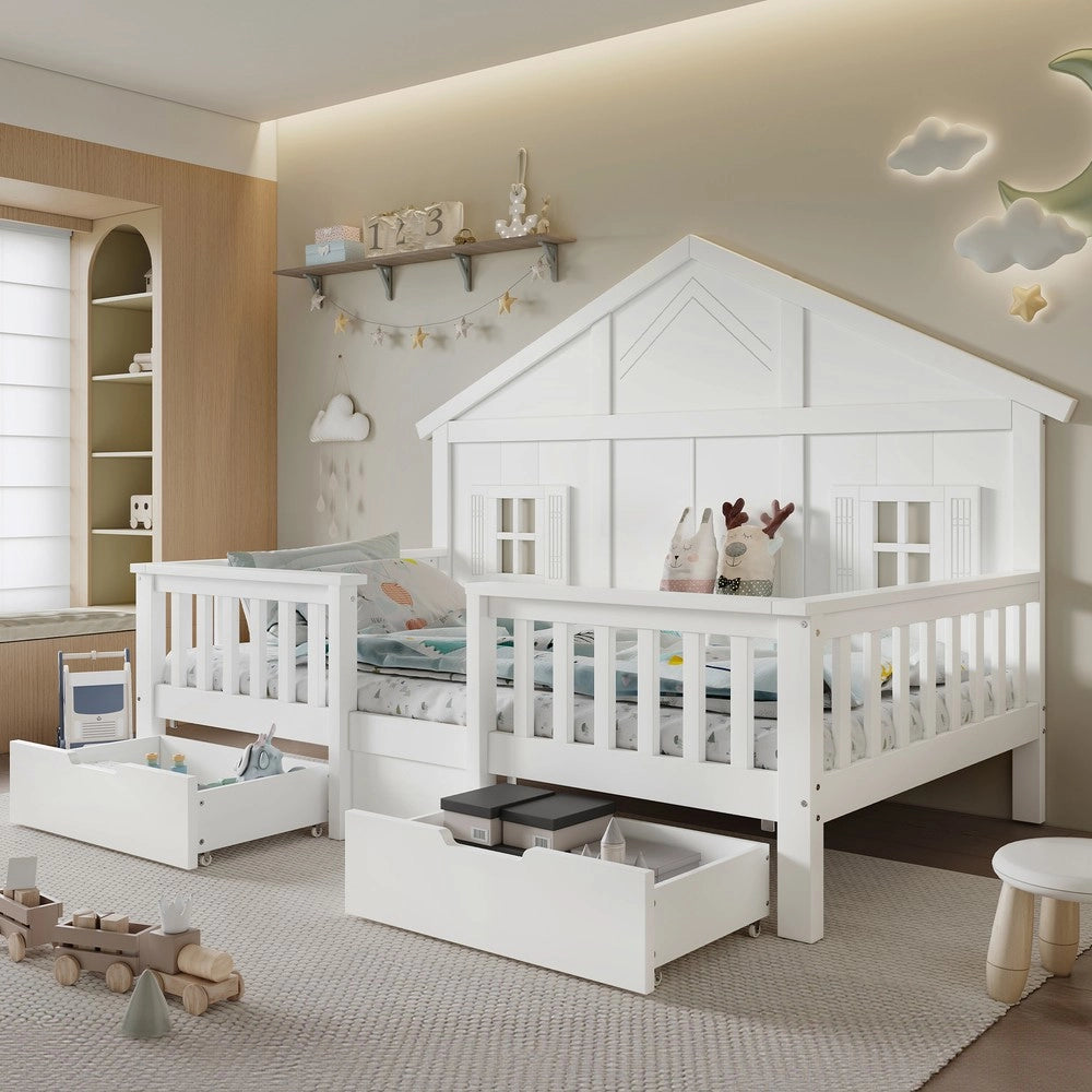 Letto Singolo Bambini a Casetta con Cassetti ¨C Xylo ¨C Pino MDF Multistrato Bianco 90x200