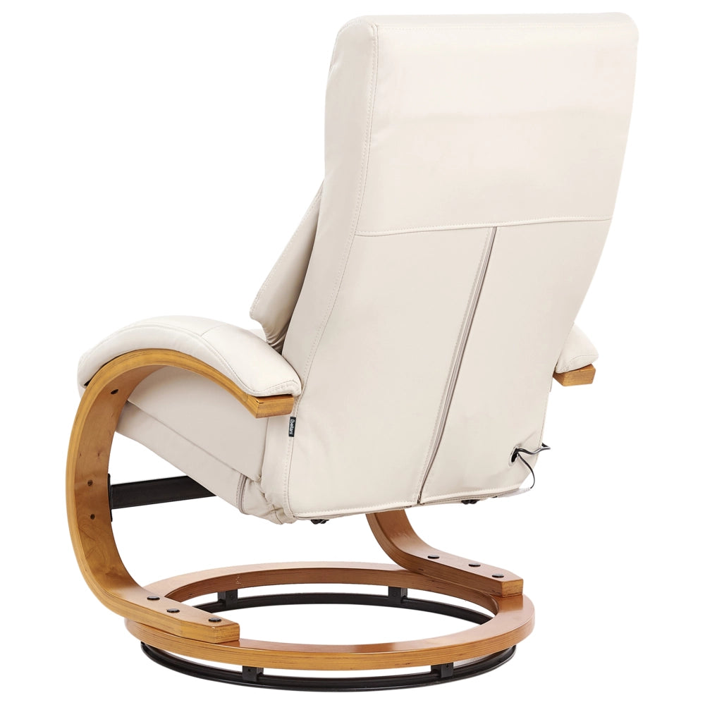 Sedia reclinabile ecopelle beige chiaro con poggiapiedi massaggiante struttura in legno schienale regolabile