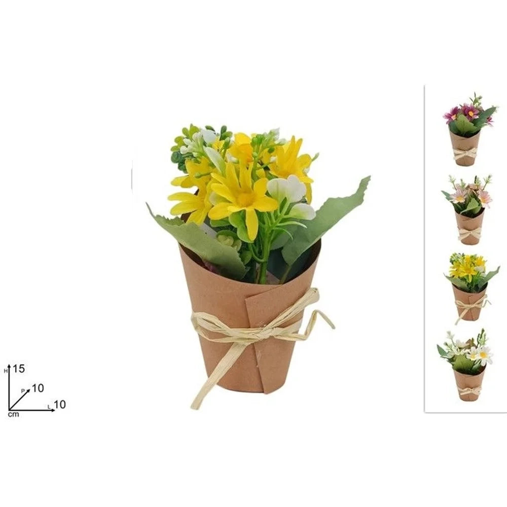 Trade Shop - Set 12 Pz Bouquet Di Fiori Finti Piantina Margherite 4 Colori Con Cartoncino Fiocco 656839 -