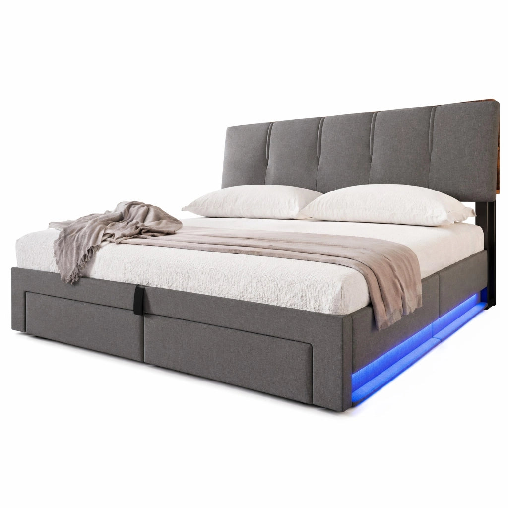 Letto contenitore idraulico 140x200 cm con USB Type-C; LED e lino grigio