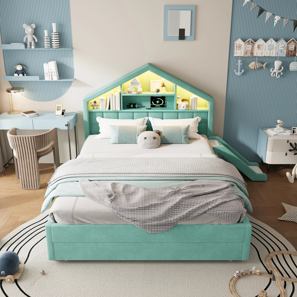 Letto a casetta per bambini 140 × 200 cm con scivolo reversibile, LED e presa, senza materasso, in velluto blu verde