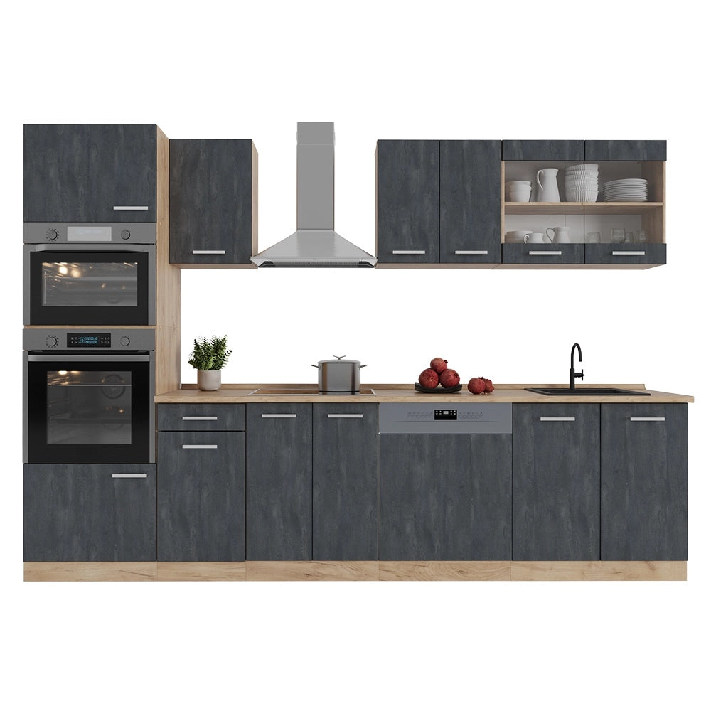 Cucina componibile R-Line Calce nera/Rovere dorato 300 cm PL Marmo Vicco