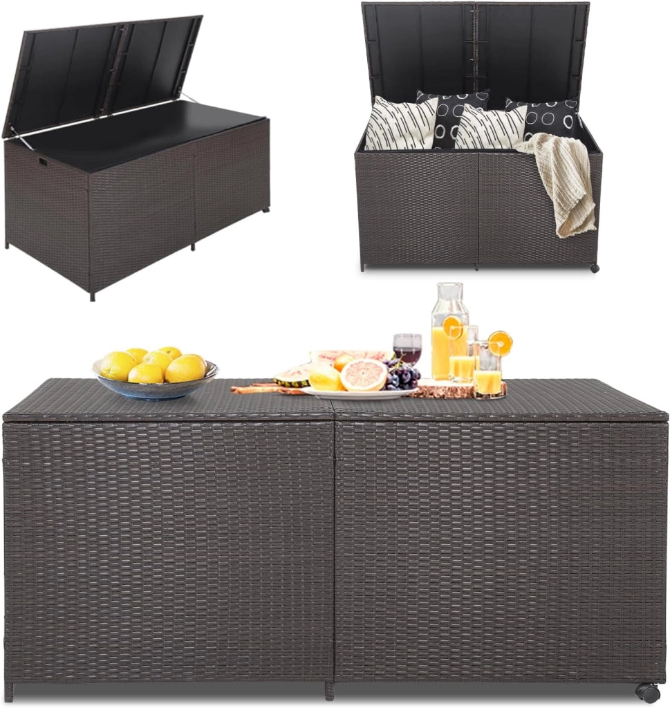 Scatola portaoggetti per esterni, arrotolabile, in polyrattan, con maniglie, contenitore portaoggetti 150 x 77 x 72 cm, impermeabile con coperchio, contenitore con spazio ventilato