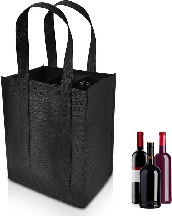Borsa per bottiglie con pareti divisorie per bottiglie - Borsa per spesa con 6 compartimenti - Borsa per bottiglie a mano - Borsa per bottiglie per picnic nera 31 x 25 cm.