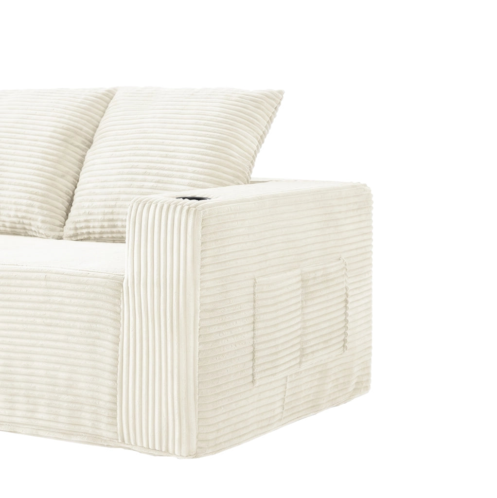 Divano modulare a L con chaise longue; portabicchieri e tasche; velluto a coste beige