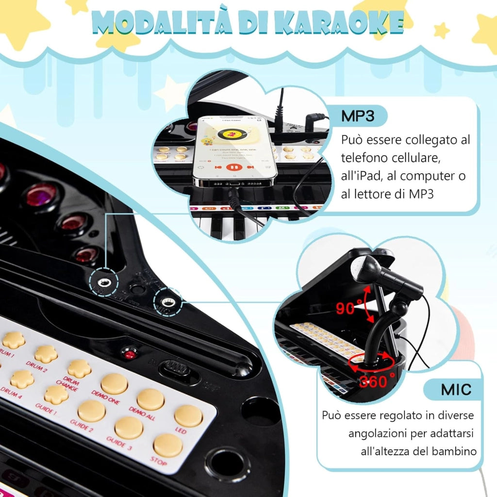 Tastiera Pianoforte a 31 Tasti per Bambini con Microfono e Sgabello, Tasti Giocattolo Portatile con Modalità di Insegnamento a LED, Pianoforte a Coda per Bambini 3+ Anni (Nero)