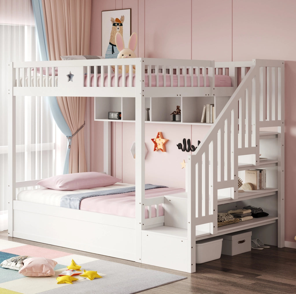 Letto a castello 140x200 cm in legno bianco con contenitore idraulico; ripiani e scala