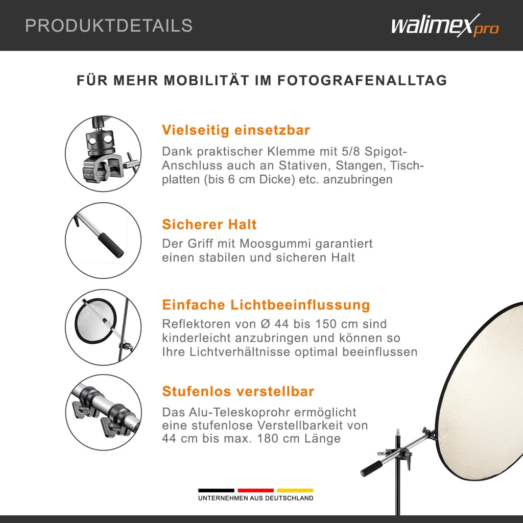 Supporto per riflettore con morsetto, 44-150cm