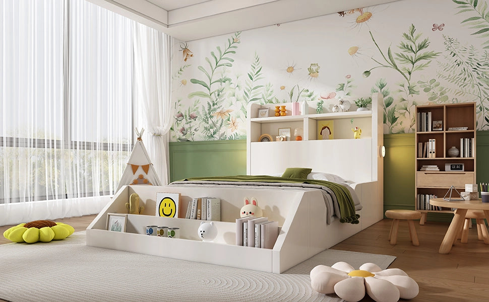Letto singolo in legno 90x200 cm con libreria, luci notturne e rete a doghe, bianco