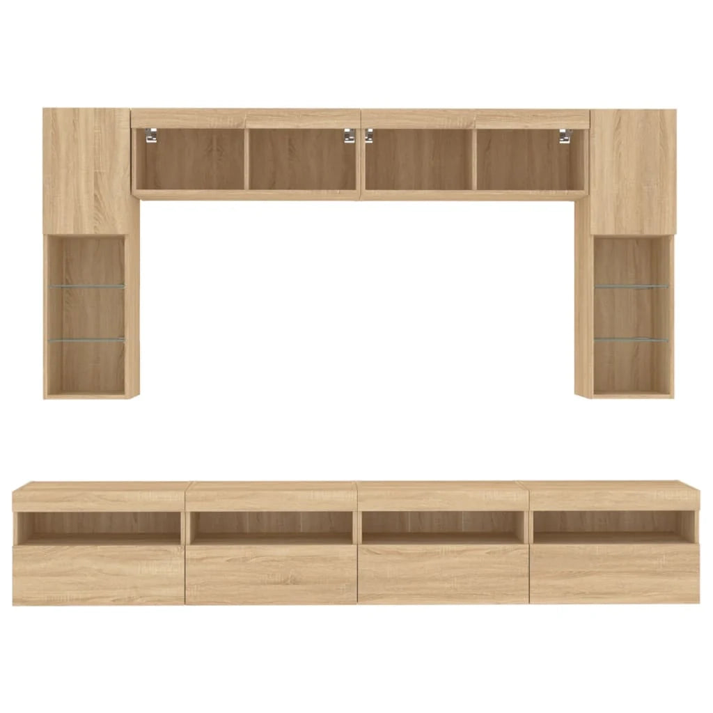 Set di mobili da 8 pezzi comprensivo di armadio credenza mobile TV per soggiorno camera da letto e sala da pranzo montaggio a parete con luci a LED finitura rovere Sonoma marrone 02_0025378